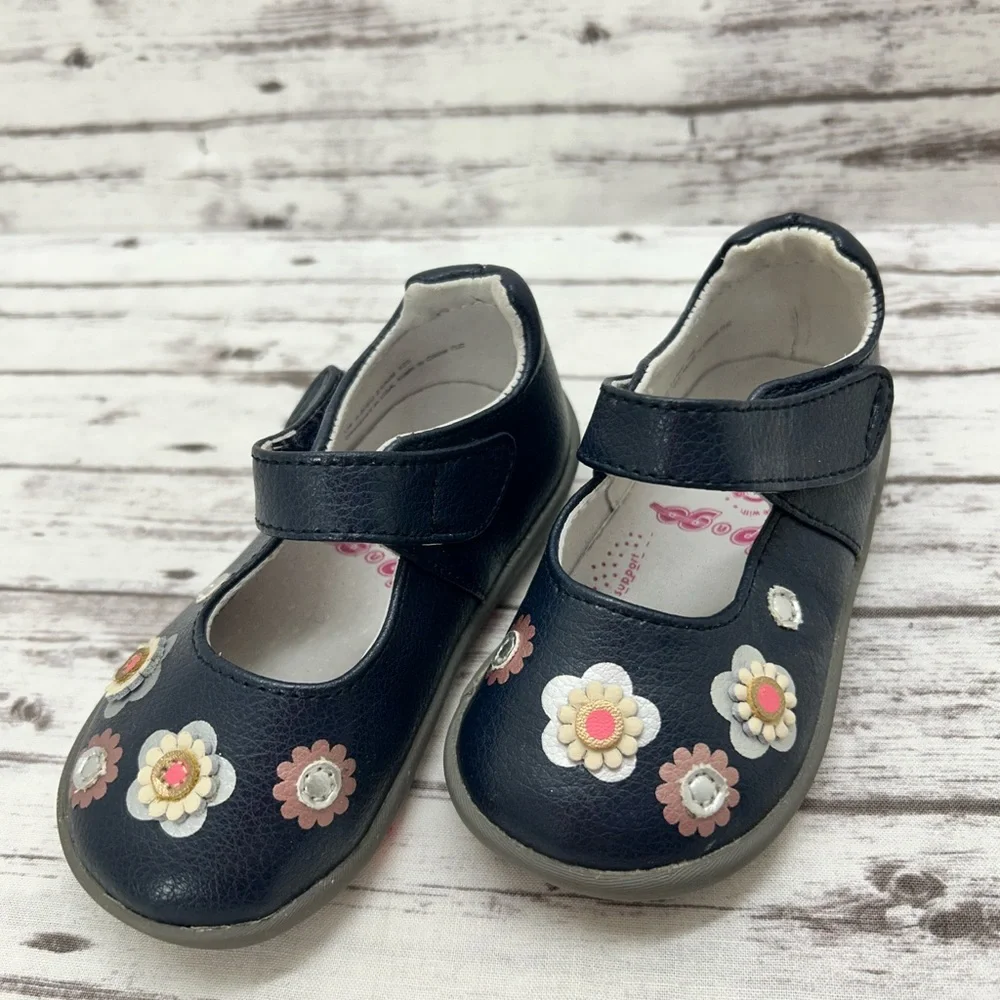 Pediped Floral Kids Shoes Navy and Pink Baby Size 5.5 Heel Cushion Comfort